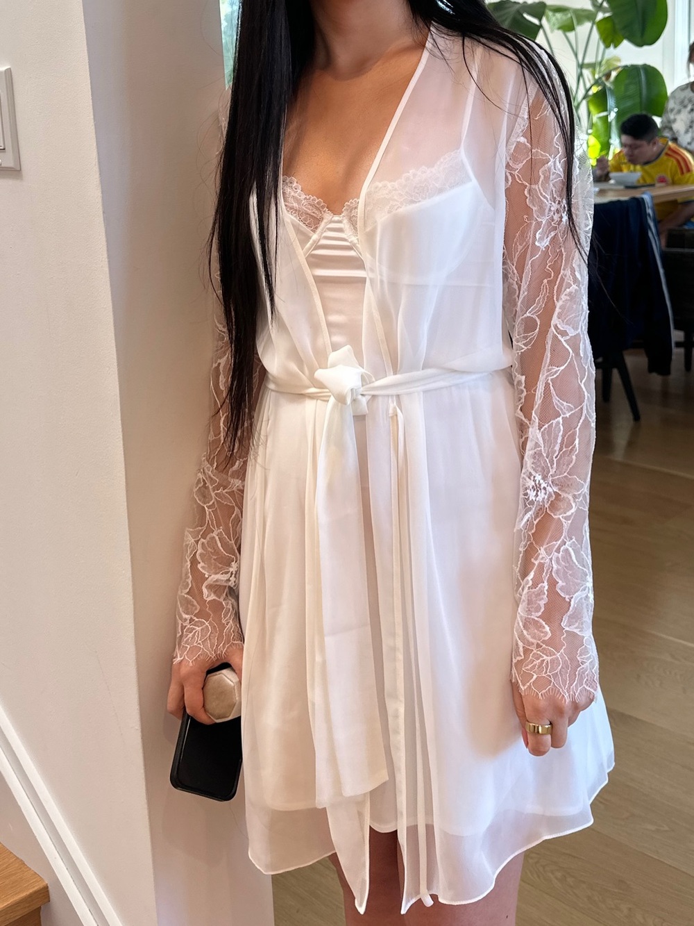 Sheer Lace-Sleeve White Robe with Satin Tie Bridal